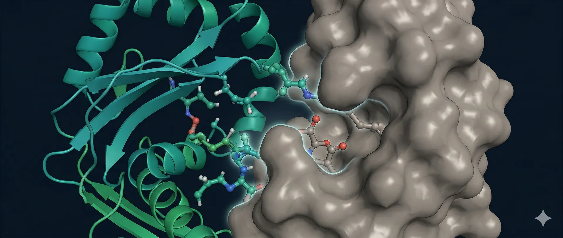 Protein-protein binding interface showing tight molecular complementarity between binder and target