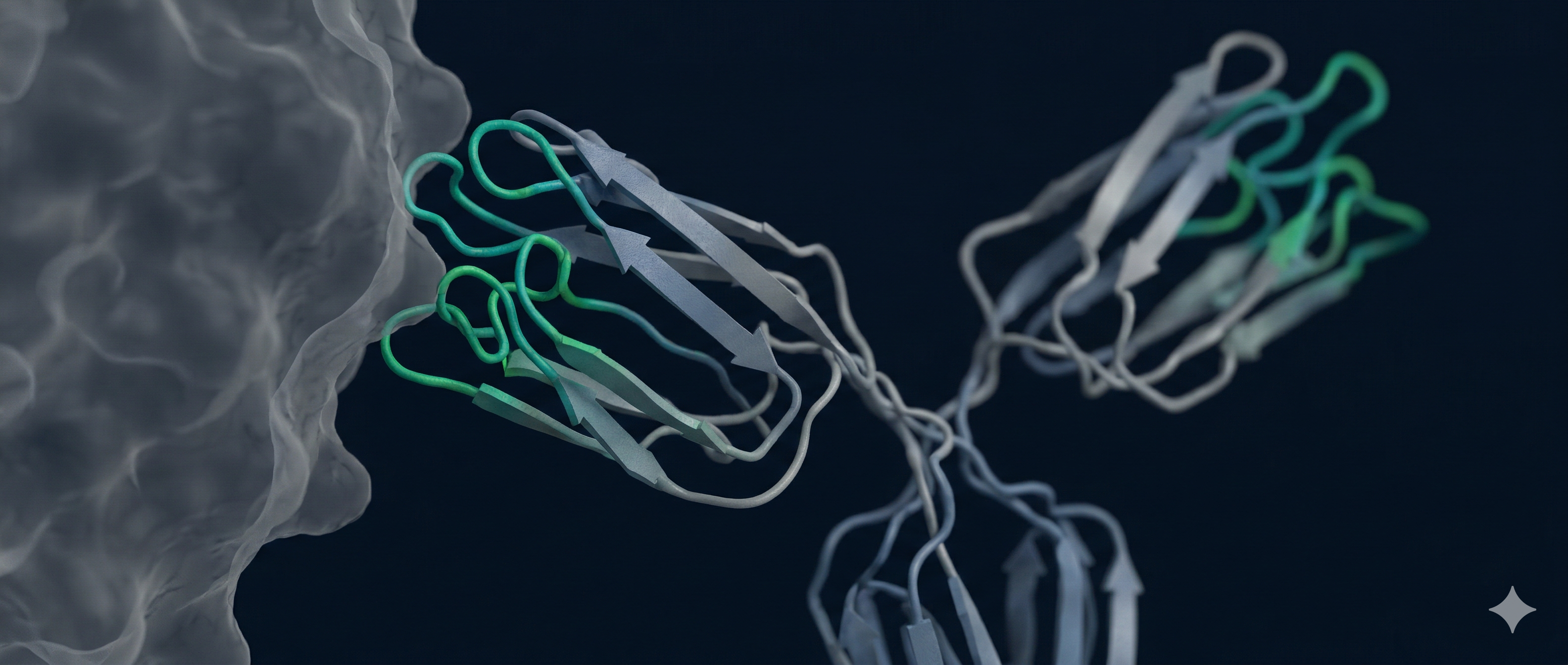 Y-shaped antibody molecule in ribbon representation with CDR loops highlighted for engineering