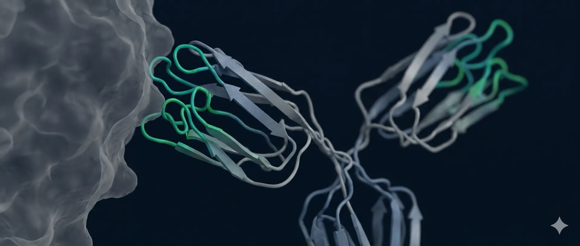 Y-shaped antibody molecule in ribbon representation with CDR loops highlighted for engineering