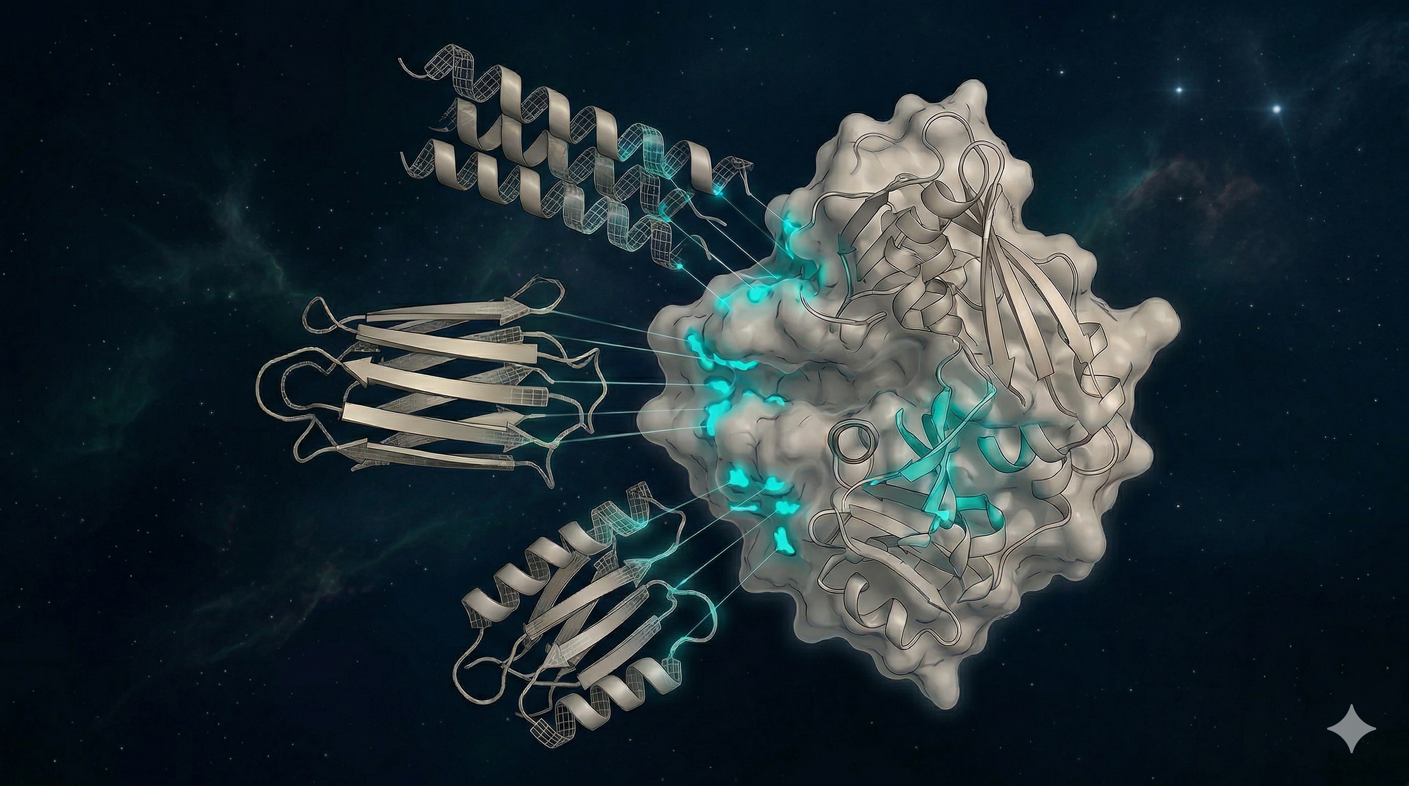 Three computationally generated protein backbone scaffolds docking onto a target protein surface