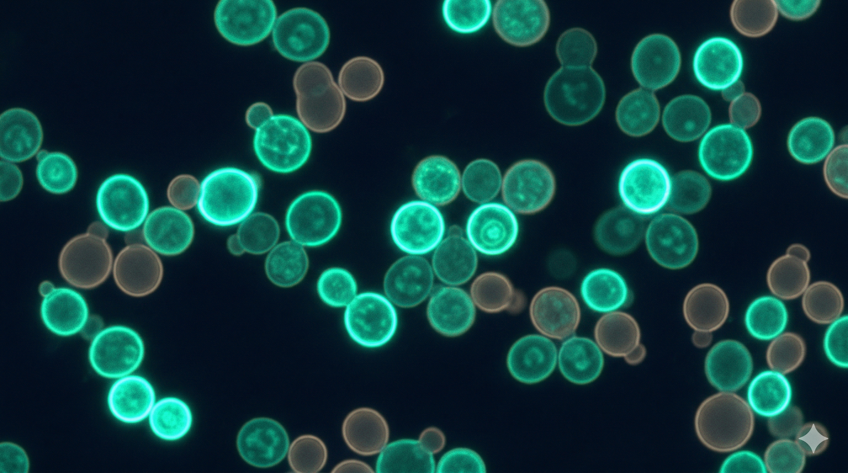 Fluorescent yeast cells under microscopy showing heterogeneous protein display levels