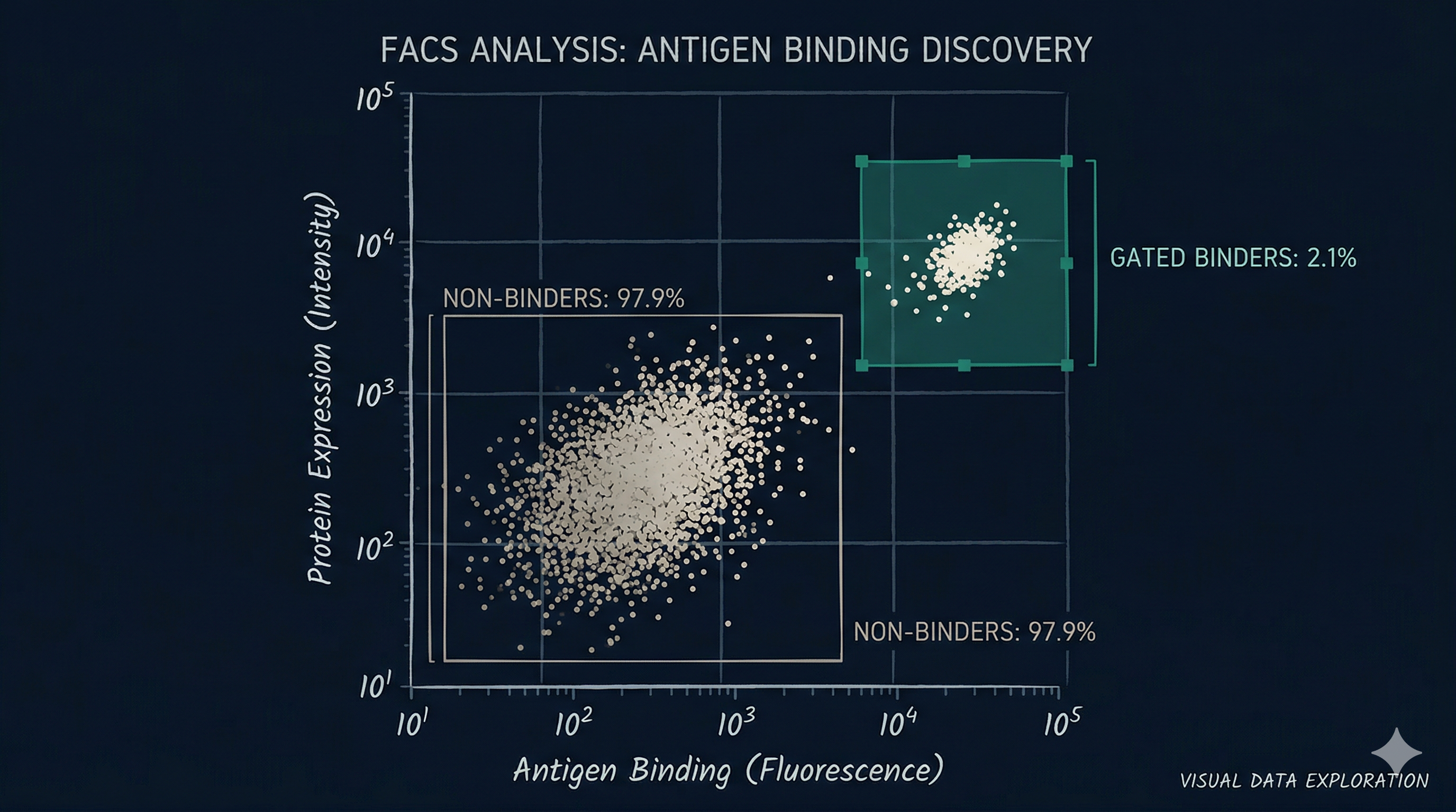 FACS dot plot visualization showing gated binder population separated from non-binders