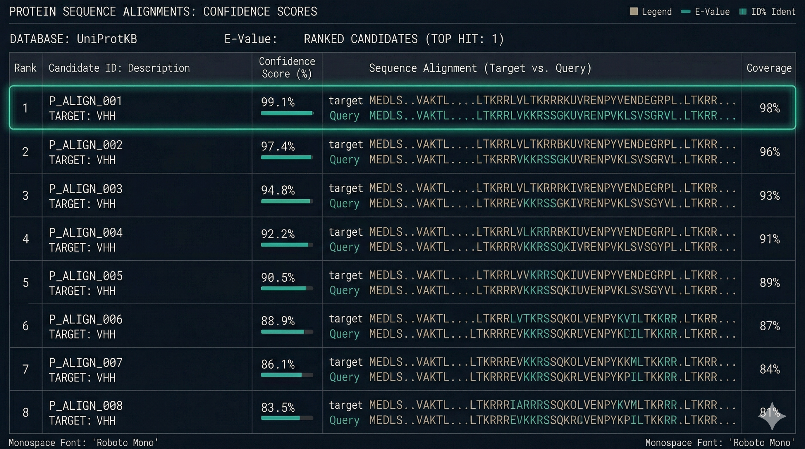 Ranked protein sequence dashboard with confidence scores and enrichment metrics