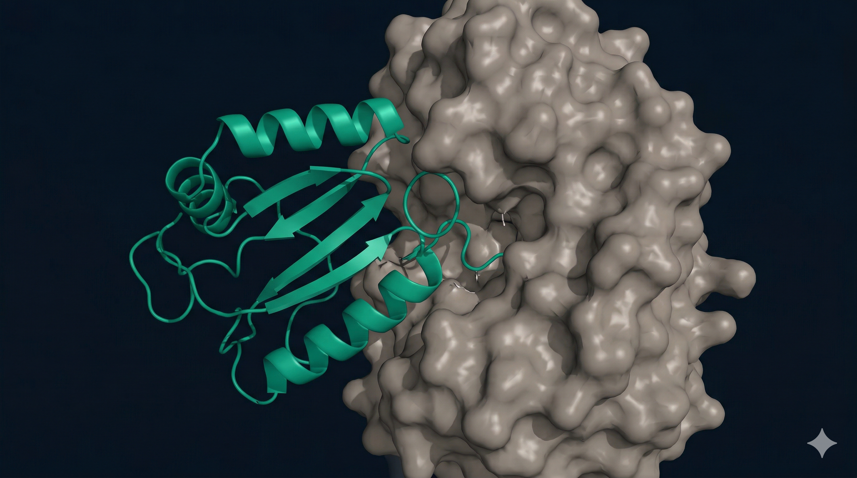 Protein binder bound to target protein showing binding interface in molecular visualization