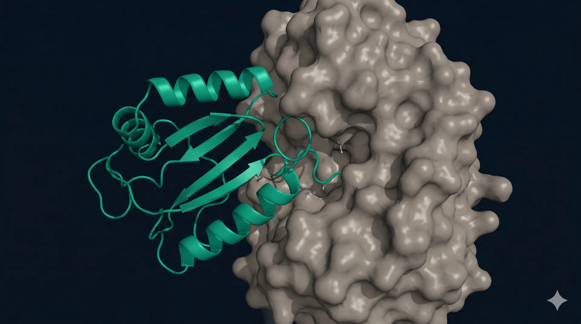Protein binder bound to target protein showing binding interface in molecular visualization