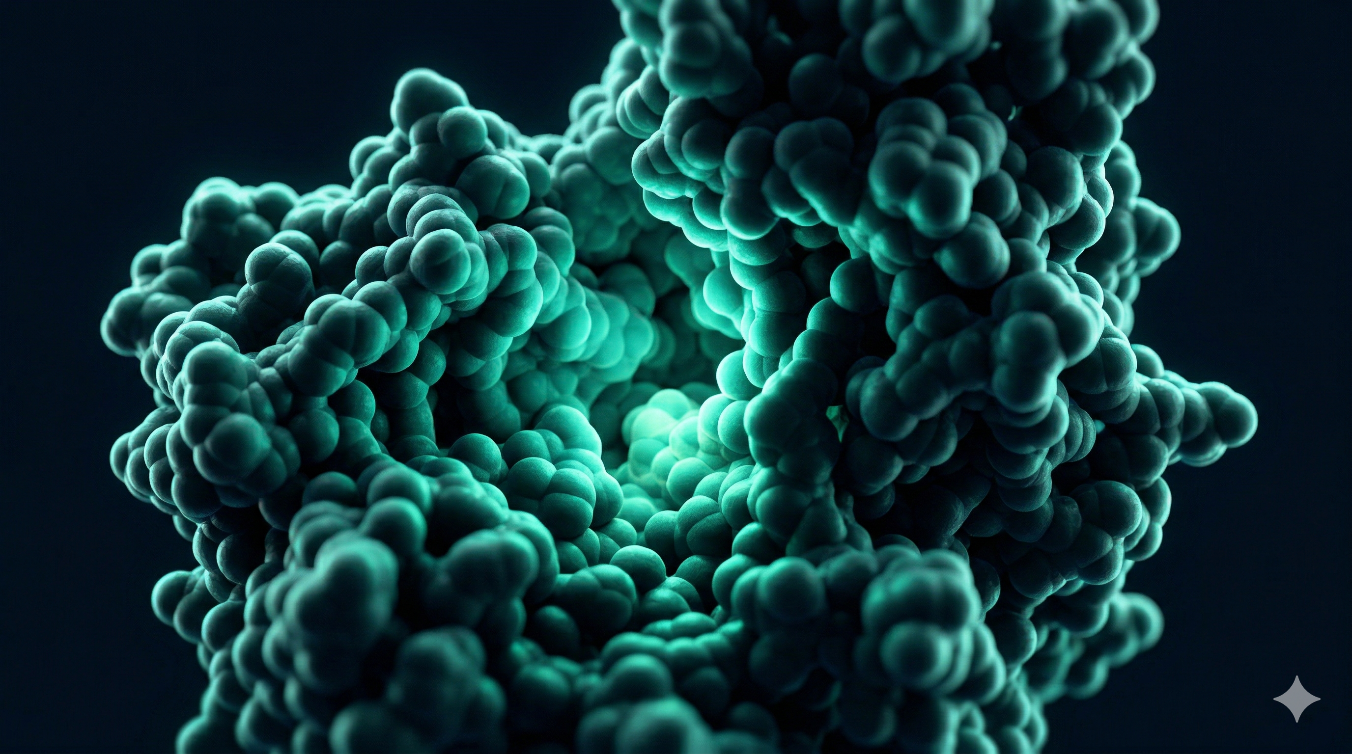 3D protein molecular surface structure with teal bioluminescent lighting