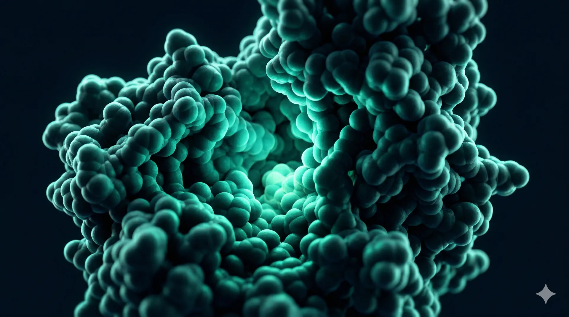 3D protein molecular surface structure with teal bioluminescent lighting