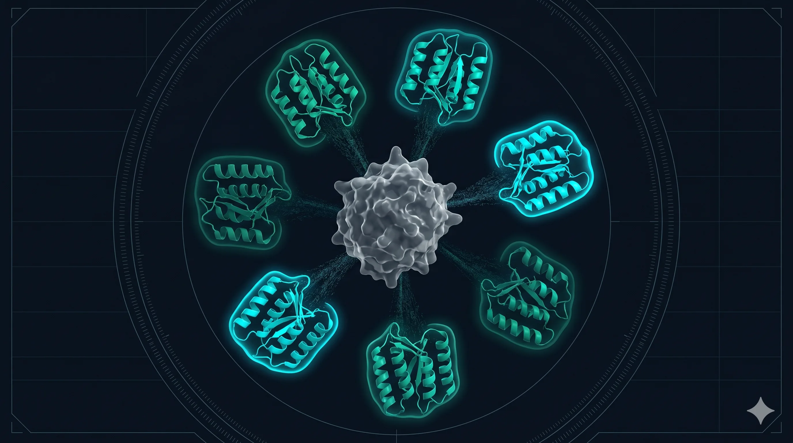 De novo binder scaffolds bound to a target protein, scored by JAX AF2 Initial Guess in the Ranomics in-house PXDesign pipeline