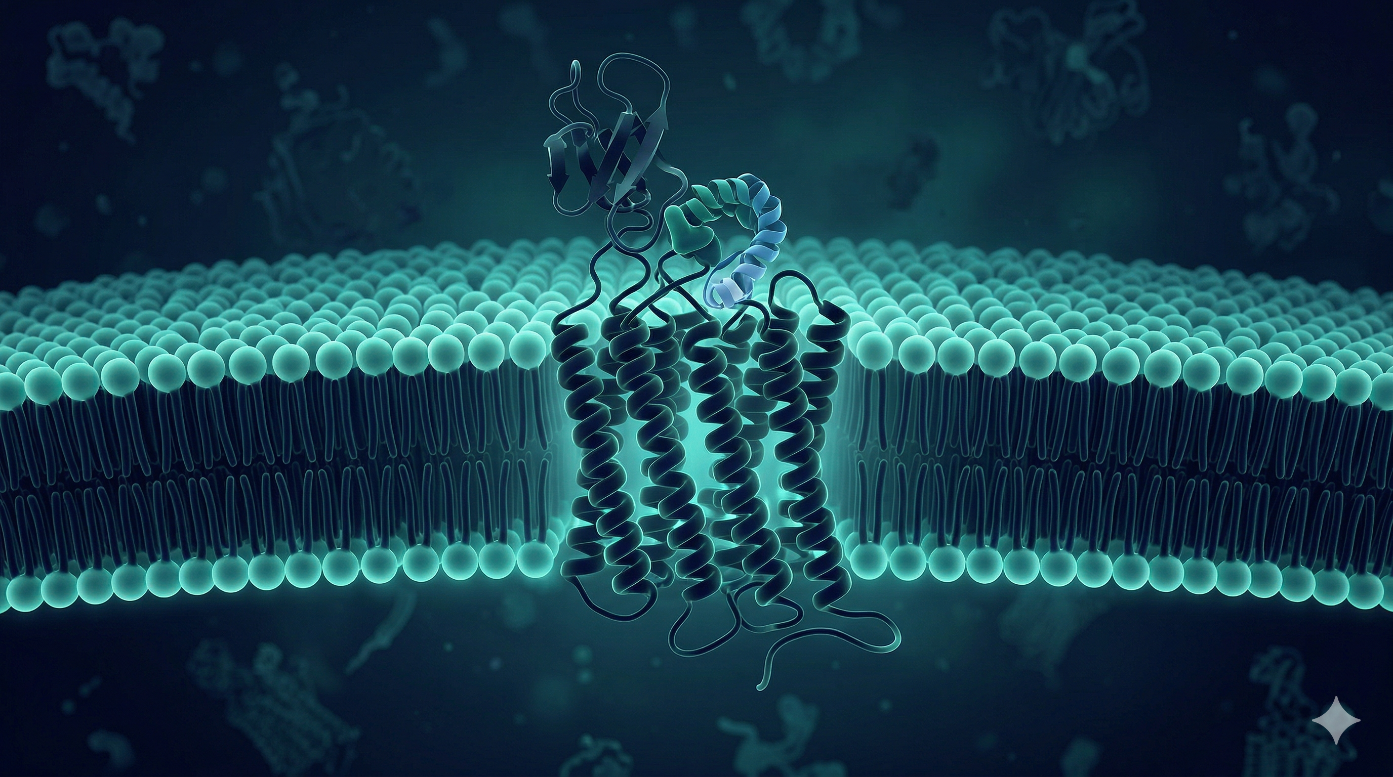 Transmembrane receptor protein embedded in lipid bilayer with engineered binder docked to extracellular domain