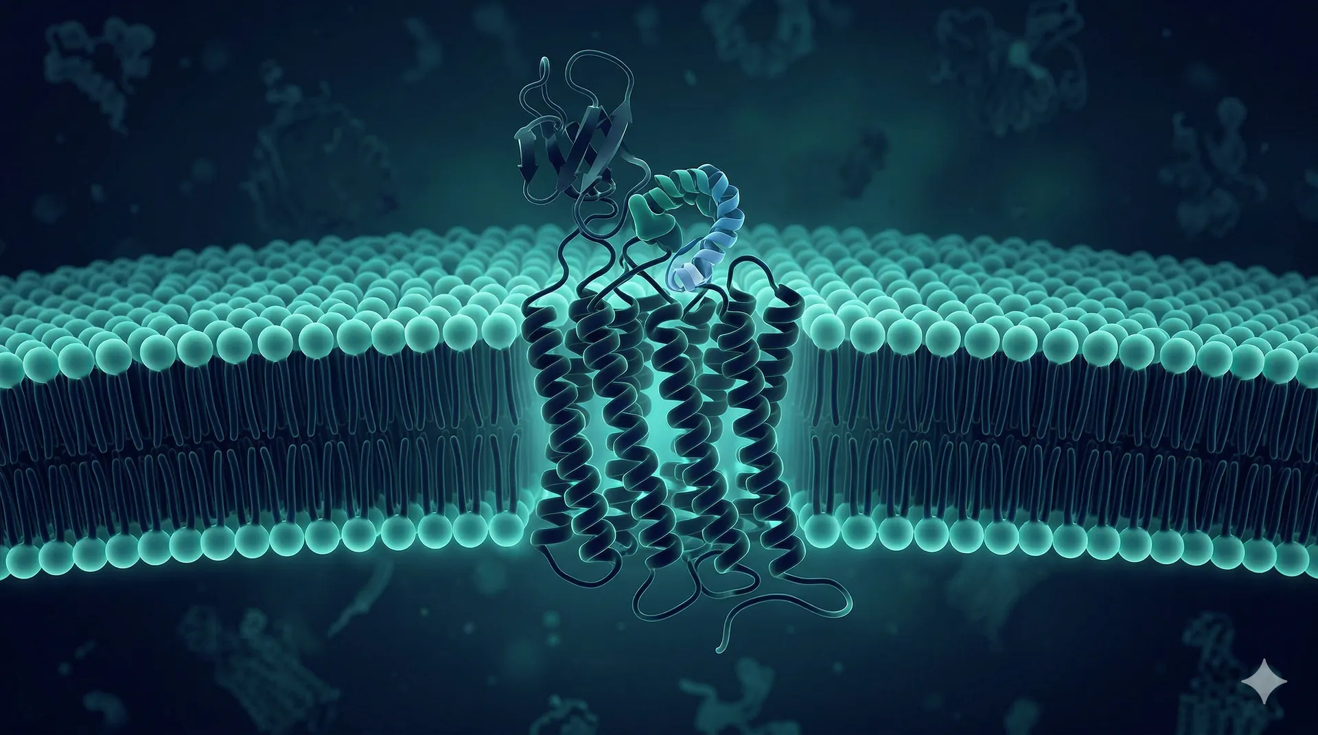 Transmembrane receptor protein embedded in lipid bilayer with engineered binder docked to extracellular domain