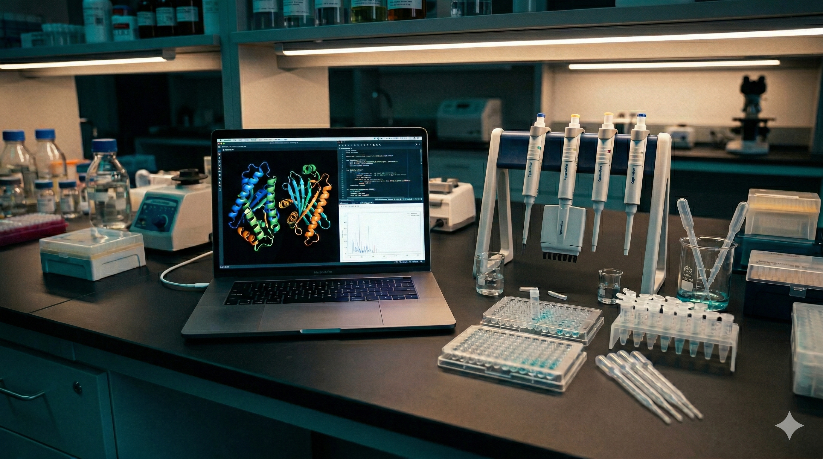 Biotech laboratory workbench with protein engineering workflow