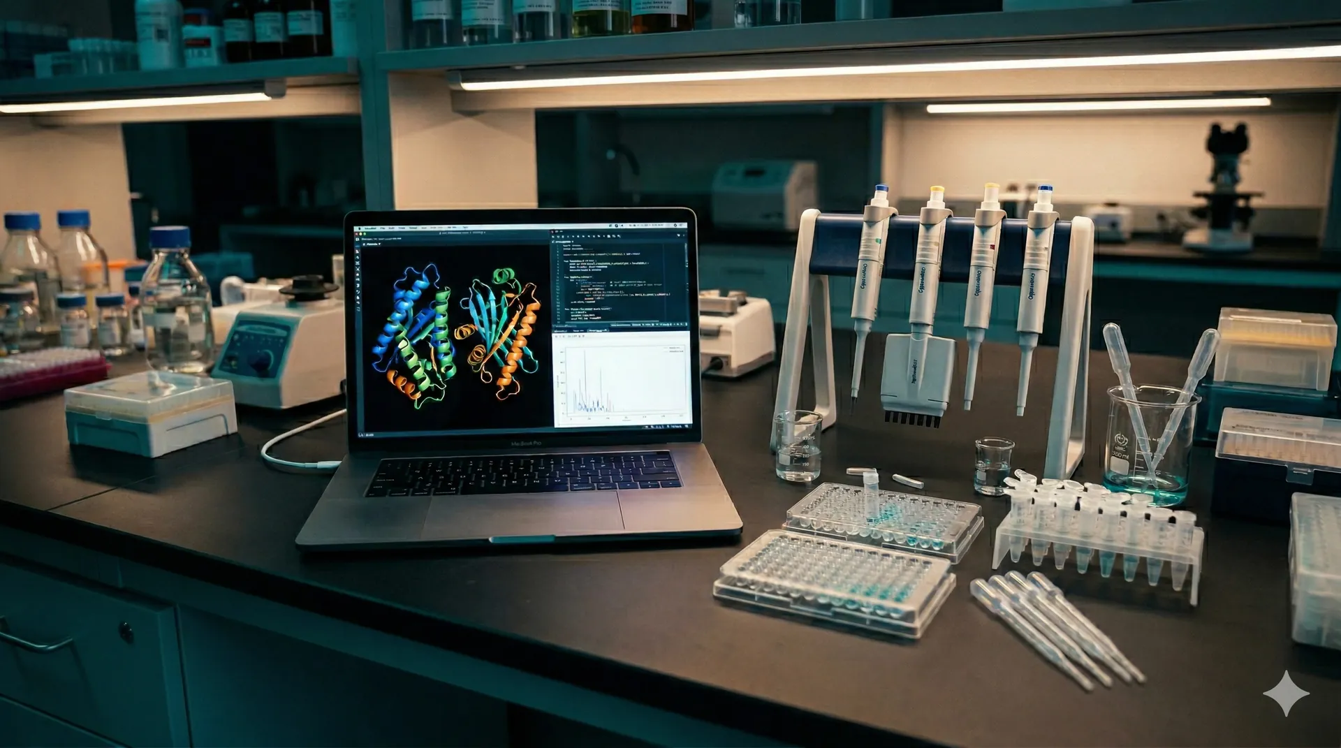 Biotech laboratory workbench with protein engineering workflow